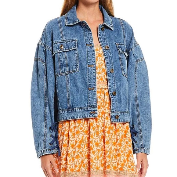 A Loves A
Lace Up Sleeve Convertible Collar Denim Statement Jacket - Picture 1 of 13